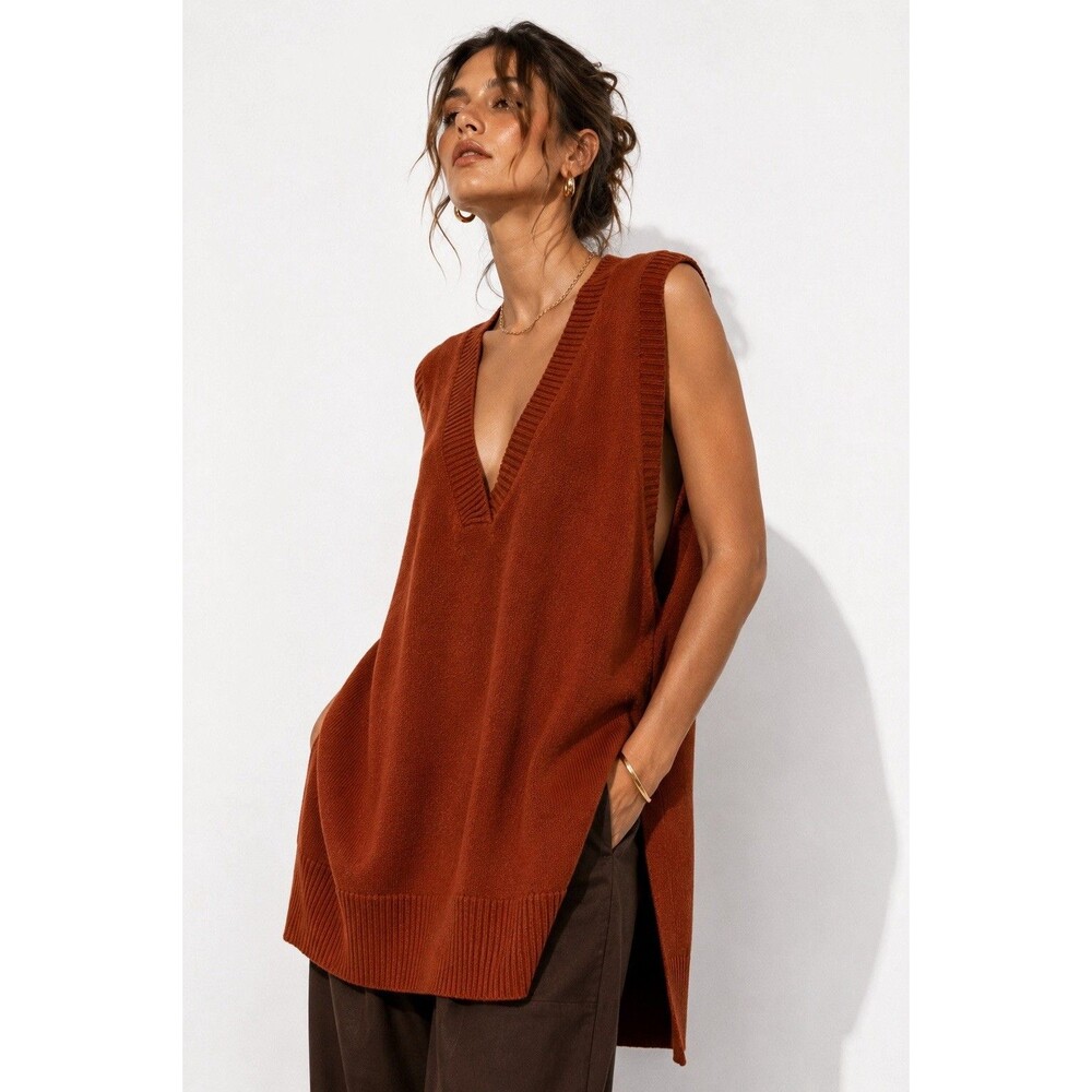 XLURA Rust Burnt Orange Oversized V-Neck Sweater Vest Tunic XL Super Soft
